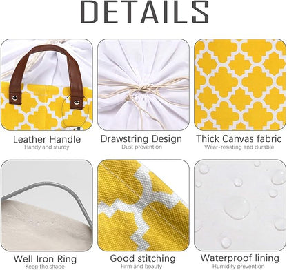 Sea Team Moroccan Pattern, Canvas Fabric Storage Basket, Collapsible Geometric Design, Storage Bin with Drawstring Cover and PU Leather Handles, 16.5 x 11.8 inches, Waterproof Inner, Yellow