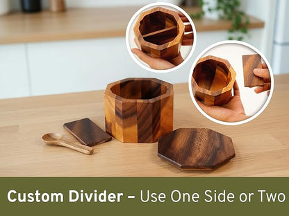 ARANYA Wooden Pepper and Salt Cellar with Lid and Spoon Set Keeper Two Compartments Spice Seasoning Wood 7oz. Container for Countertop Kitchen Storage Sea Salt Box Holder with Anti-Slip Feet Slip