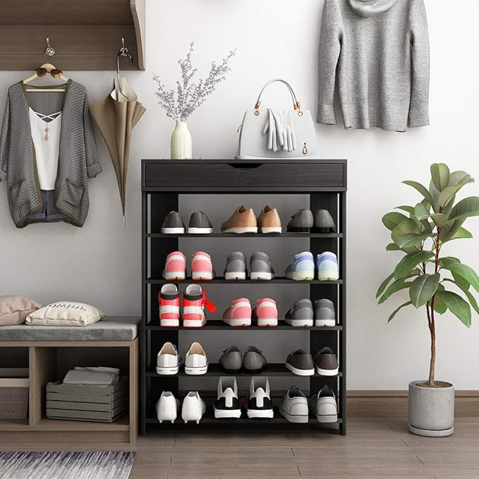 sogesfurniture 5-tier Wooden Shoes Rack Organizer with Storage Compartment, Free Standing Shoe Storage Shelf for Entryway, Living Room, Hallway, Doorway (29.5" Black)