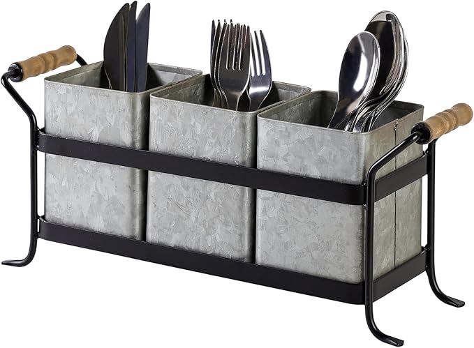 Silverware Caddy for Party Kitchen Flatware Holder for Countertop Farmhouse Galvanized Cutlery Organizer with 3 Compartments for Utensils, Spoons, Knives, Forks, Cups