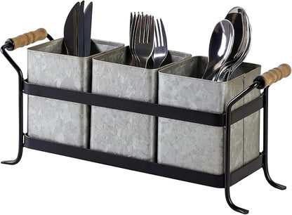 Silverware Caddy for Party Kitchen Flatware Holder for Countertop Farmhouse Galvanized Cutlery Organizer with 3 Compartments for Utensils, Spoons, Knives, Forks, Cups