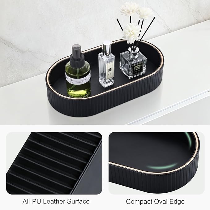 GORESE PU Leather Valet Tray Nightstand Organizer, Oval Perfume Trays Key Bowl Jewelry Dish for Bedside Dresser Entryway Table, Vanity Tray for Bathroom, EDC Trays for Men Women, 11×5.9 in, Black