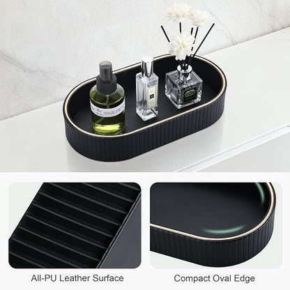 GORESE PU Leather Valet Tray Nightstand Organizer, Oval Perfume Trays Key Bowl Jewelry Dish for Bedside Dresser Entryway Table, Vanity Tray for Bathroom, EDC Trays for Men Women, 11×5.9 in, Black