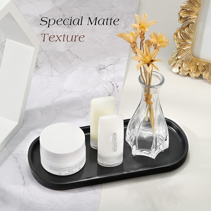 Emibele Black Vanity Tray, 10" Resin Oval Storage Tray for Bathroom Countertop Kitchen Sink Dresser Toilet Tank, Tray Organizer for Jewelry Ring Cosmetic Perfume Candle Soap Shampoo, Matte Black
