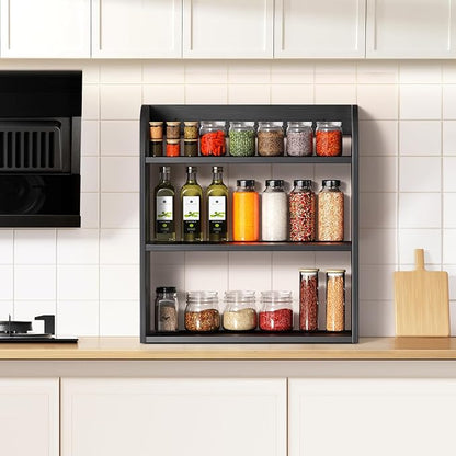 ROMGUAR CRAFT 3 Tier Bamboo Spice Rack, Countertop or Wall Mounting Wood Spice Jars Organizer Shelf for Kitche, Pantry (Black)