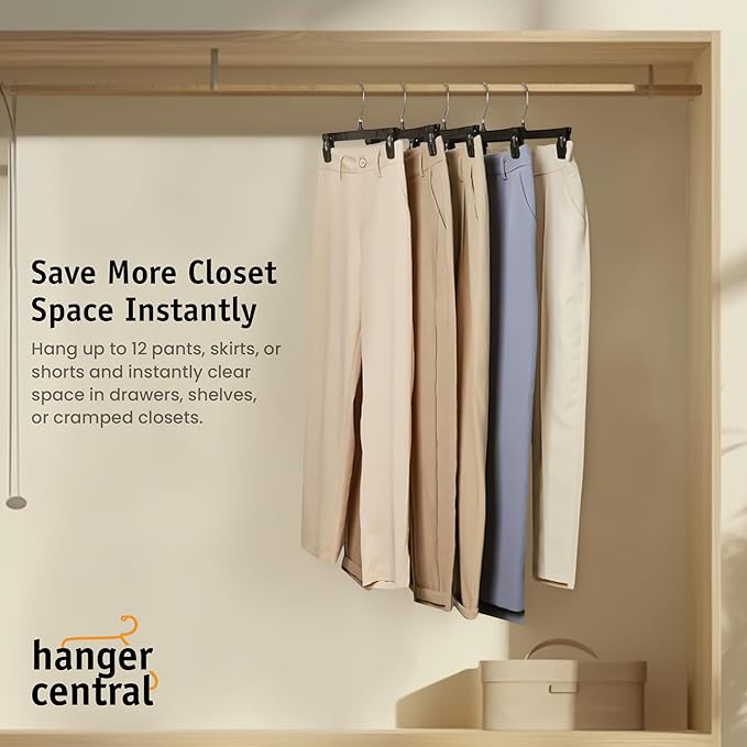 12 Pack Pants Hangers – 12 Inch Slim Plastic Clothes Hangers with Clips for Skirts, Pants, Shorts – Space Saving Heavy Duty Closet Organizer with Non Slip Grip & Swivel Hook – Black