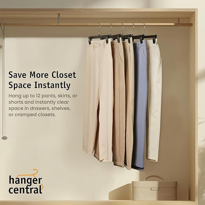 12 Pack Pants Hangers – 12 Inch Slim Plastic Clothes Hangers with Clips for Skirts, Pants, Shorts – Space Saving Heavy Duty Closet Organizer with Non Slip Grip & Swivel Hook – Black