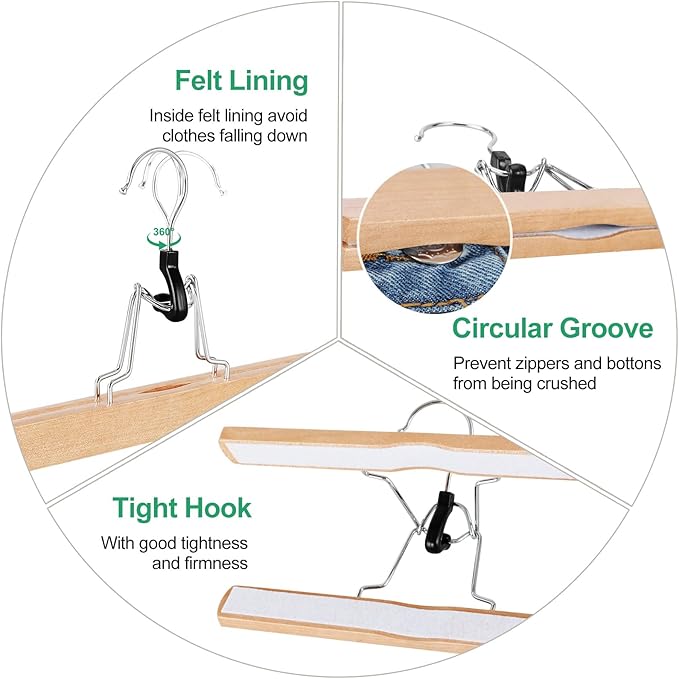 TOPIA HANGER 12 Pack Wooden Pants Hangers, Hair Extension Hangers Non Slip Skirt Hanger Wood Clamp with Velvet Padded 360° Swivel Hook for Jeans, Skirts, Trousers, Wigs Natural CT67N