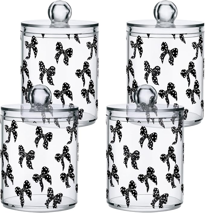 ALAZA 2pcs Black White Bow Polka Dots Qtip Holder Dispenser 14 oz Bathroom Storage Clear Apothecary Jars Containers Cotton Ball,Cotton Rounds,Floss Picks, Hair Clips, Food