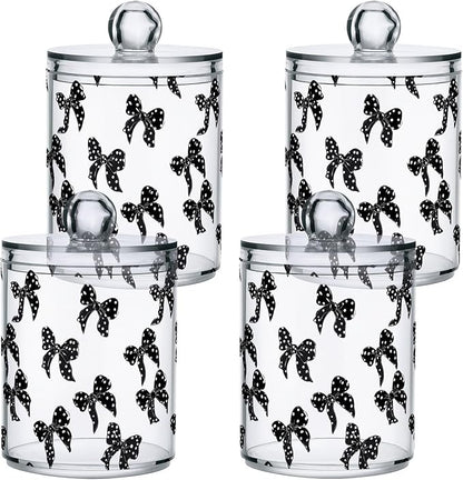 ALAZA 2pcs Black White Bow Polka Dots Qtip Holder Dispenser 14 oz Bathroom Storage Clear Apothecary Jars Containers Cotton Ball,Cotton Rounds,Floss Picks, Hair Clips, Food