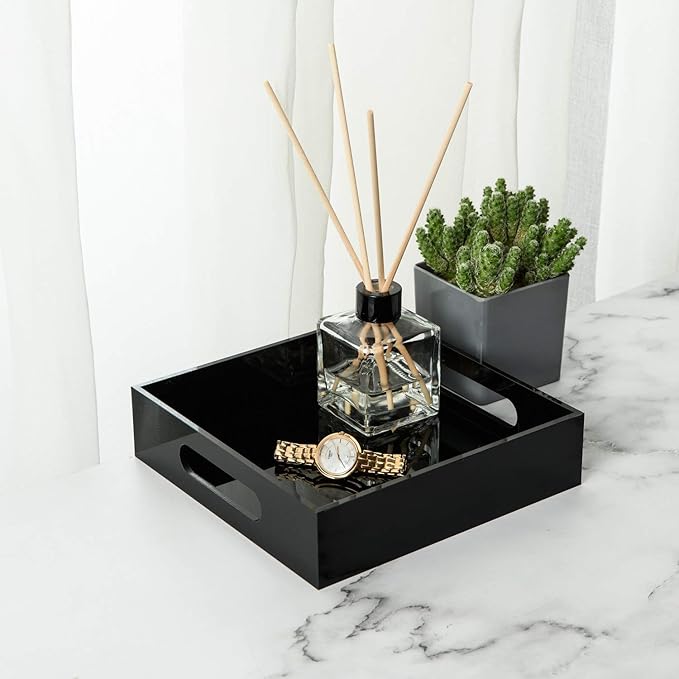 KEVLANG Black Sturdy Acrylic Tray with Handles-8x8 Inch- Countertop Organizer Tray for Kitchen,Bathroom,Office- Storage Box for Cosmetics, Jewelry,Toiletries,Toy,Gadgets