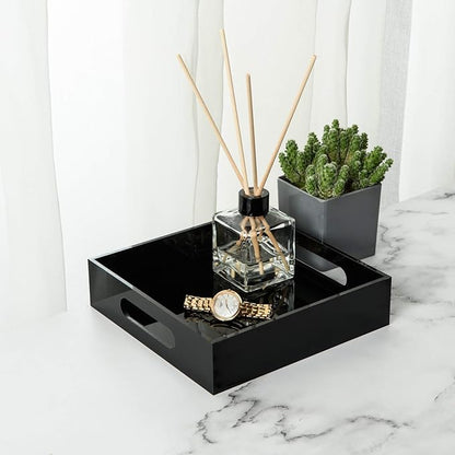 KEVLANG Black Sturdy Acrylic Tray with Handles-8x8 Inch- Countertop Organizer Tray for Kitchen,Bathroom,Office- Storage Box for Cosmetics, Jewelry,Toiletries,Toy,Gadgets