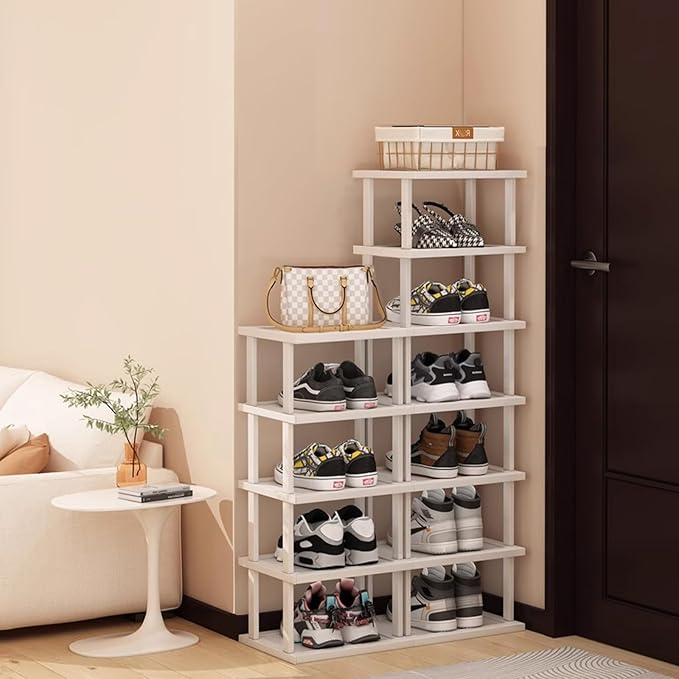 SAN HE Bamboo Shoe Rack 17 Tier- Vertical Shoe Rack for Small Spaces, Tall Narrow Shoe Rack Organizer for Closet Entryway Corner Garage and Bedroom,Skinny Shoe Shelf with Free Stackable DIY