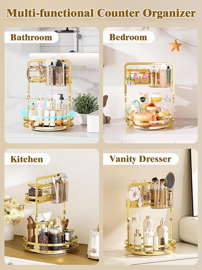 360 Rotating Makeup Organizer for Vanity, Gold Perfume Organizer, 2-Tier Lazy Susan for Bathroom Counter Organizer, Large Spinning Skincare Dresser Storage with Brush Holder & Jewelry Hooks