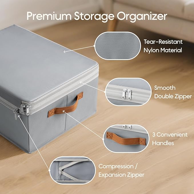 Homosorout Large Closet Storage Bins - Compression Organizer Bins, Stackable Closet Organizer, Expandable Under Bed Storage Containers for Clothes, Towels, Sheet, 2 Pack, Grey