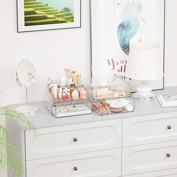 Yieach 4 Tier Clear Acrylic Makeup Organizers with Drawers,Tiered Countertop Make up Storage Organizer for Dresser Top and Bathroom Vanity,Plastic Makeup Stand for Brush,Skincare,Beauty Organizers