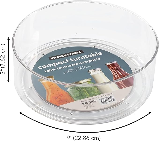 Kitchen Spaces Compact Lazy Susan Organizer, Fridge or Cabinet Turntable Shelf Storage for Kitchen and Pantry Items, Great for Spices or Condiments, Clear and Sturdy with Full Spin, 9 x 9 x 3.4 inches