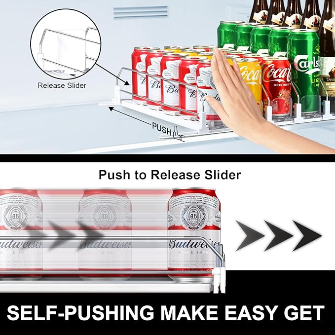 LumoShine Drink Organizer for Fridge, Self-Pushing Soda Can Dispenser for Refrigerator, Width Adjustable Pusher Glide for 12oz to 20oz holds (White, 14.96" D x 13.38" W— 4 Rows)