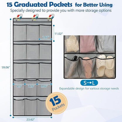 Over The Door Cruise Ship Organizer - Cruise Ship Magnetic Door Organizer with 15 Size-Graded Pockets, Hanging Magnetic Cruise Storage Shoe Rack for Cabin, 2025 Cruise Essential, 9 Hooks(Grey)