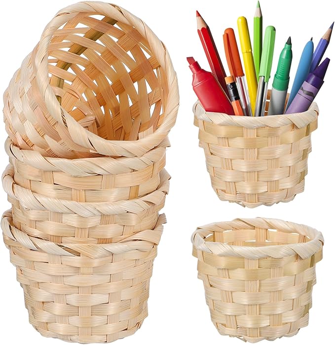 Amosfun Hand Woven Storage Basket Set of 6 Mini Desktop Organizer 3X3X2.36 Inch for Home Office Sundries Storage and Craft Supplies