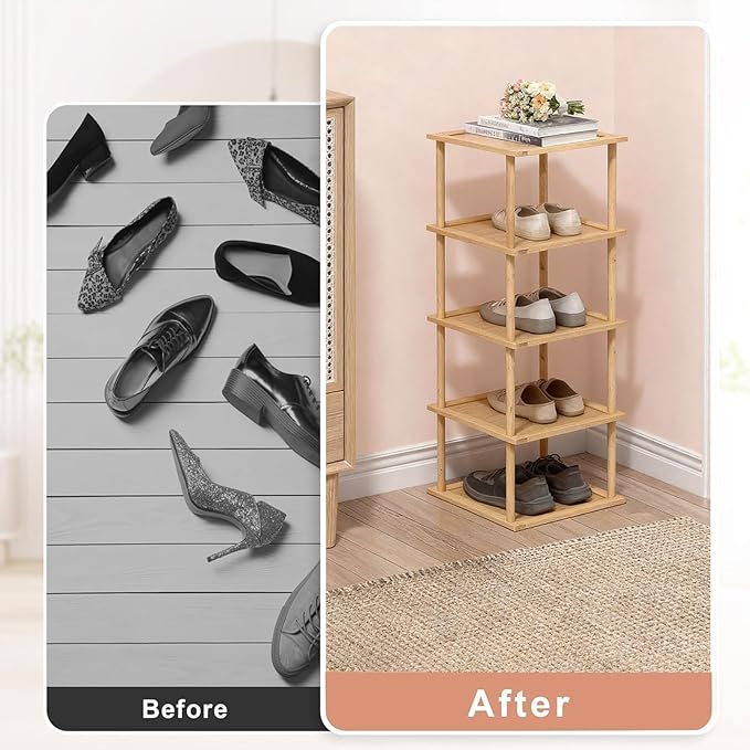 Aniston 5 Tier Small Shoe Rack Bamboo, Free Standing Slim Narrow Shoe Storage, Vertical Tall Shoe Shelf Organiser for Garage, Closet, Doorway, Corner, Living Room Small Spaces