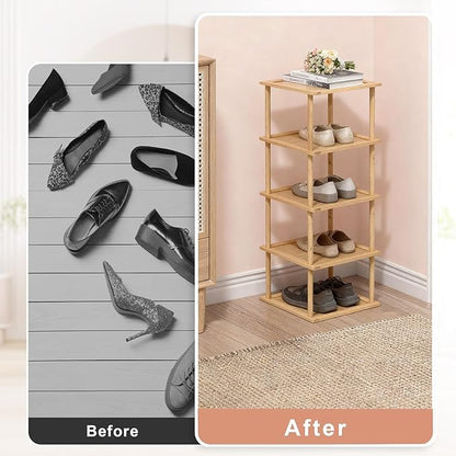Aniston 5 Tier Small Shoe Rack Bamboo, Free Standing Slim Narrow Shoe Storage, Vertical Tall Shoe Shelf Organiser for Garage, Closet, Doorway, Corner, Living Room Small Spaces