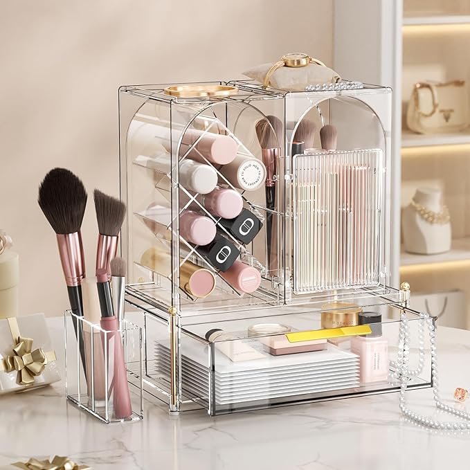Premium Makeup Organizer with Adjustable Compartments, Spacious Drawers for Cosmetics and Brushes - Ideal for Vanity, Bathroom, or Dressing Table