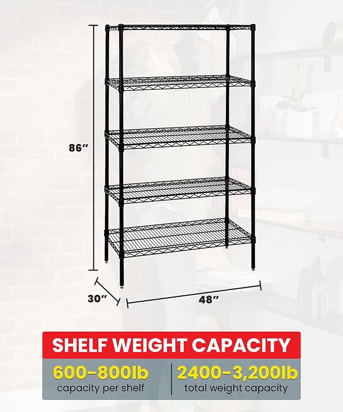 Quantum Storage Systems WR86-3048BK-5 Wire Shelving Starter Kit, 48" W x 30" D x 86" H, 600 lbs Capacity, Carbon Steel, Epoxy Coated, Black, NSF