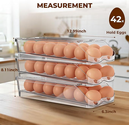Egg Holder for Fridge,Automatic Rolling Egg Container for Refrigerator,Clear Stackable Egg Organizer with Removable Lid for Fridge Organizers and Storage,3 pack