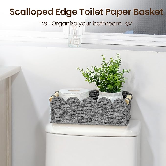 iEGrow Paper Rope Small Storage Baskets for Organizing, Set of 2 Scalloped Edge Wicker Basket with Wooden Handles Toilet Paper Basket for Over Toilet Storage Shelf, Home Decor, Living Room (Grey)