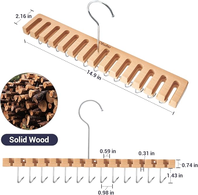 Belt Hanger Organizer for Closet: Ohuhu 2 in 1 Wall Mount Hanger 14 Slots+13 Hooks Storage Wooden Belt Organization 360 Degree Rotating Belt Display Holder for Belt Tie Scarf Accessories