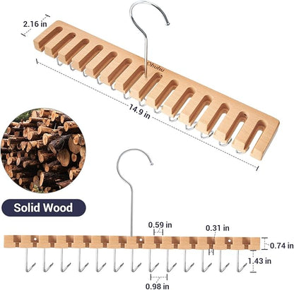 Belt Hanger Organizer for Closet: Ohuhu 2 in 1 Wall Mount Hanger 14 Slots+13 Hooks Storage Wooden Belt Organization 360 Degree Rotating Belt Display Holder for Belt Tie Scarf Accessories