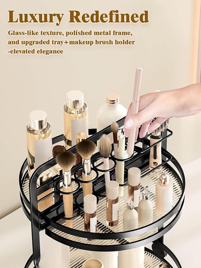 Rotating Makeup Vanity Organizer, 360 Spinning Perfume Organizer for Dresser, 2 Tier Bathroom Countertop Organizer, Black Lazy Susan Skincare Storage, Cosmetic Display Case with Brush Holder