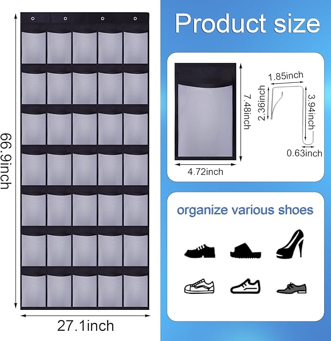 35Large Pockets Over The Door Shoe Organizer, Mesh Pockets Shoe Holder Rack, Capacity Shoe Hanging Storage，door shoe rack With 4 Metal Hook.