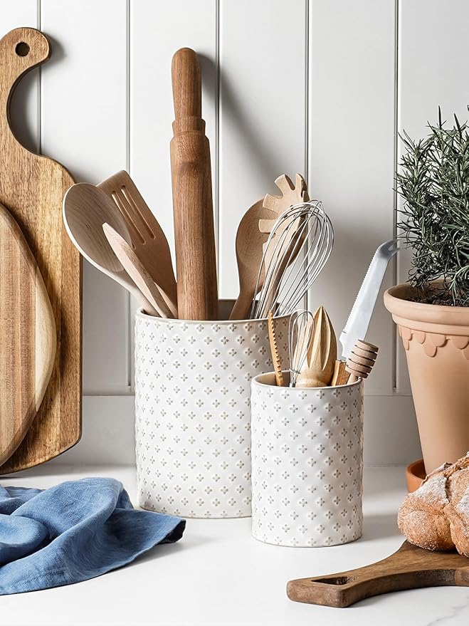 LE TAUCI Utensil Holder for Kitchen Counter - 7.1" Large Ceramic Kitchen Utensil Holder, Embossed Cooking Utensil Crock for Spatula, Spoon - Farmhouse Kitchen Decor & Organizer, White, Clover