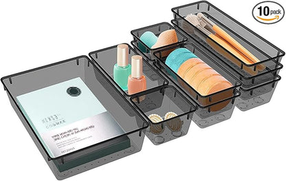 StorMiracle 10 PCS Drawer Organizer Set, 4 Varied Size Bathroom and kitchen Drawer cabinet organizer Trays, Clear Storage Bins for Makeup, Jewelry, Utensils and Gadgets, Black
