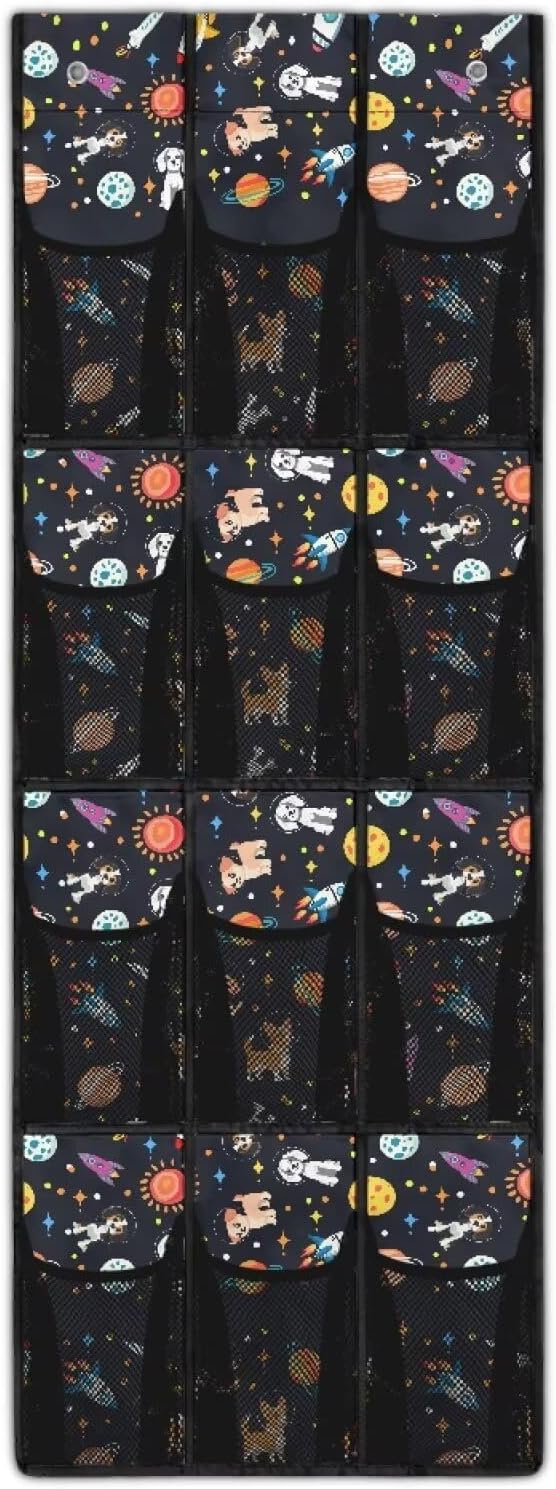 Astronaut Planets Behind Door Shoes Hang Holder Rack,Storage for Small Spaces,Over the Door Shoe Organizer with 12 Mesh Large Pockets