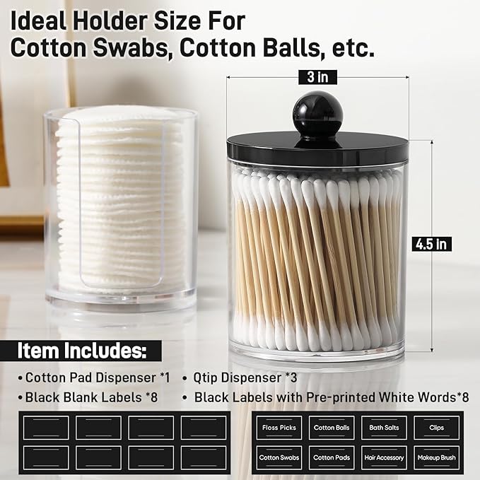 4 Pcs, Acrylic Qtip Holder Dispenser for Cotton Swab, Ball, Round Pads, Floss Picks - Plastic Apothecary Jar Set, Bathroom Canister Decor Storage Accessories, Vanity Makeup Organizer - Clear & Black