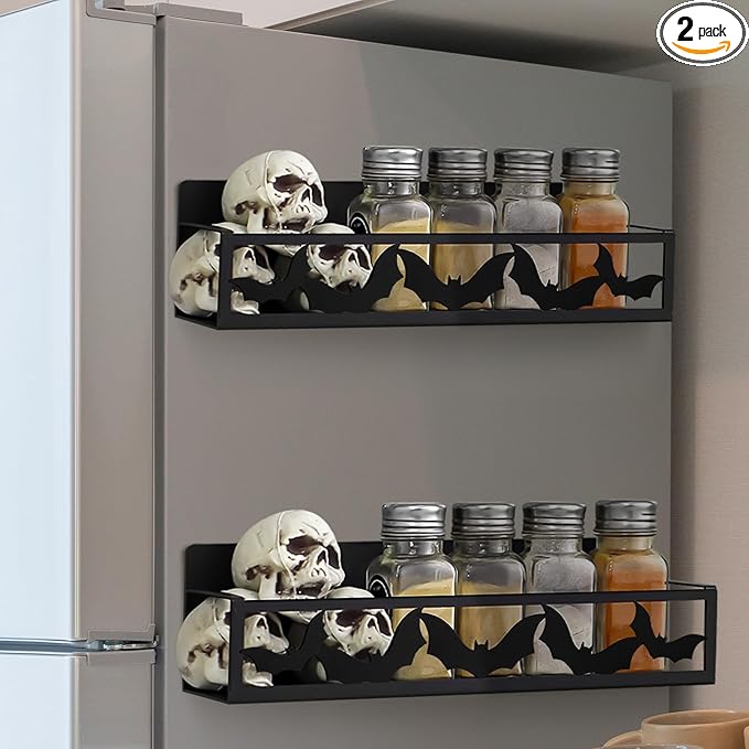 Beeveer 2 Pack Bat Magnetic Spice Rack for Refrigerator Metal Magnet Basket Shelf for Fridge Seasoning Storage Organizers Home Decor Kitchen Accessories (Black)