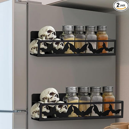 Beeveer 2 Pack Bat Magnetic Spice Rack for Refrigerator Metal Magnet Basket Shelf for Fridge Seasoning Storage Organizers Home Decor Kitchen Accessories (Black)