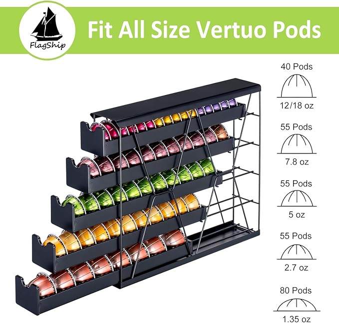 FlagShip 5-Tier Corner Coffee Pod Organizer for Nespresso Vertuo - 50+ Capsule Metal Storage, Space-Saving Kitchen Countertop Rack Wall Mountable