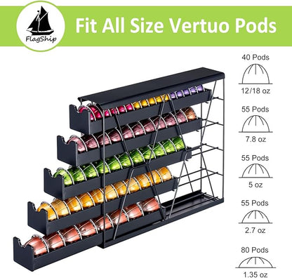 FlagShip 5-Tier Corner Coffee Pod Organizer for Nespresso Vertuo - 50+ Capsule Metal Storage, Space-Saving Kitchen Countertop Rack Wall Mountable