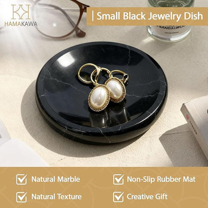 Natural Marble Soap Dish, Round Black Jewelry Dish 4.5 inch, Limestone Shower Soap Holder, Modern Stone Sponge Holder with White Stripe, Obsidian Bar Soap Saver Tray for Bathroom, Kitchen