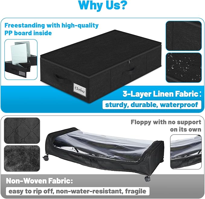 Under Bed Storage Container Bins 4 Pack, 5 Inch Thin Low Profile Underbed Clothes Storage Organizer for Dorm & Home, Use for Blanket and Toy Storage Box W/ Sturdy Bottom/Sides, Foldable Thick Fabric