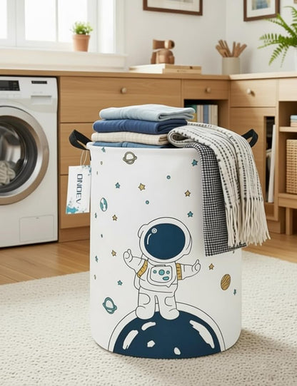 Round Space Astronaut Laundry Basket, Collapsible Laundry Hamper for Boys, Cute Galaxy Storage Bin, Waterproof Toy Storage for Kids Room, Nursery, Playroom, Boys Birthday Gift(Star astronaut)