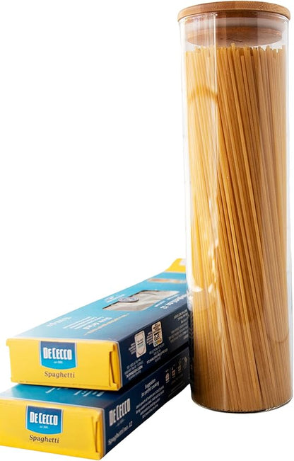 Cestari Pasta Storage Jars: Spaghetti Container Glass Pasta Jar with Bamboo Lid, Airtight Dry Food Storage Kitchen Canister for Snacks, Macaroni, Rotini, Noodles, Candy, and More; 1100 ml, 11.5 inches