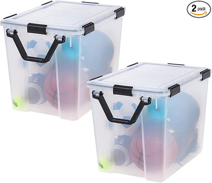 IRIS USA WeatherPro 103 Qt Storage Bins with Lids, 2 Pack, BPA-Free Plastic Gasket Box with Tight Latch and Seal, Stackable Nestable Tote Tub - Clear/Black