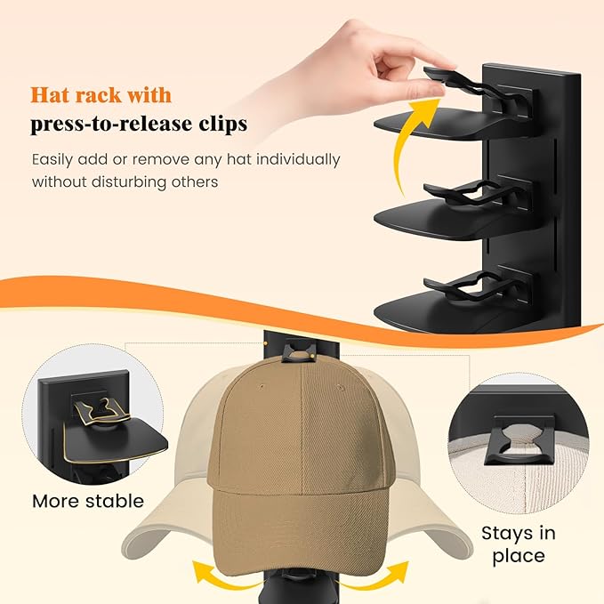 YOUDENOVA Hat Organizer for Baseball Caps, 2 Pack Hat Rack for Wall Hold up to 40 Hats, Adhesive Hat Storage Display for Wall and Closet Doors, Black