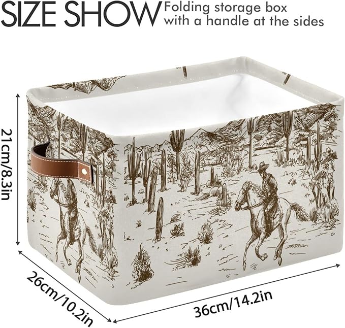 Kigai Western Cowboy Storage Basket Collapsible Rectangle Storage Bin Shelves Basket Organizer with Leather Handle for Closet, Office, Nursery, Home Decor