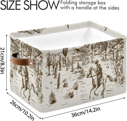 Kigai Western Cowboy Storage Basket Collapsible Rectangle Storage Bin Shelves Basket Organizer with Leather Handle for Closet, Office, Nursery, Home Decor